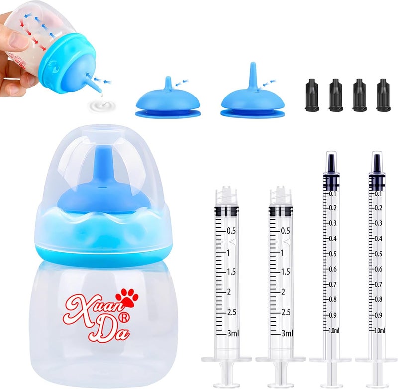 Xuanda Pet Feeding Bottle and Syringes,60ml Nursing Bottle, 3 Sizes Nipples with Ventilation Valve Resistant Tearing Perfect for Puppies, Kittens, Small Wildlife (Blue) - Image 1